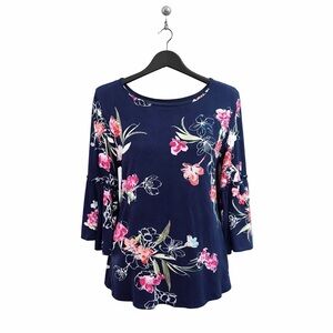 Apt 9 - Navy Floral Tunic, Bell Sleeves, Size Medium